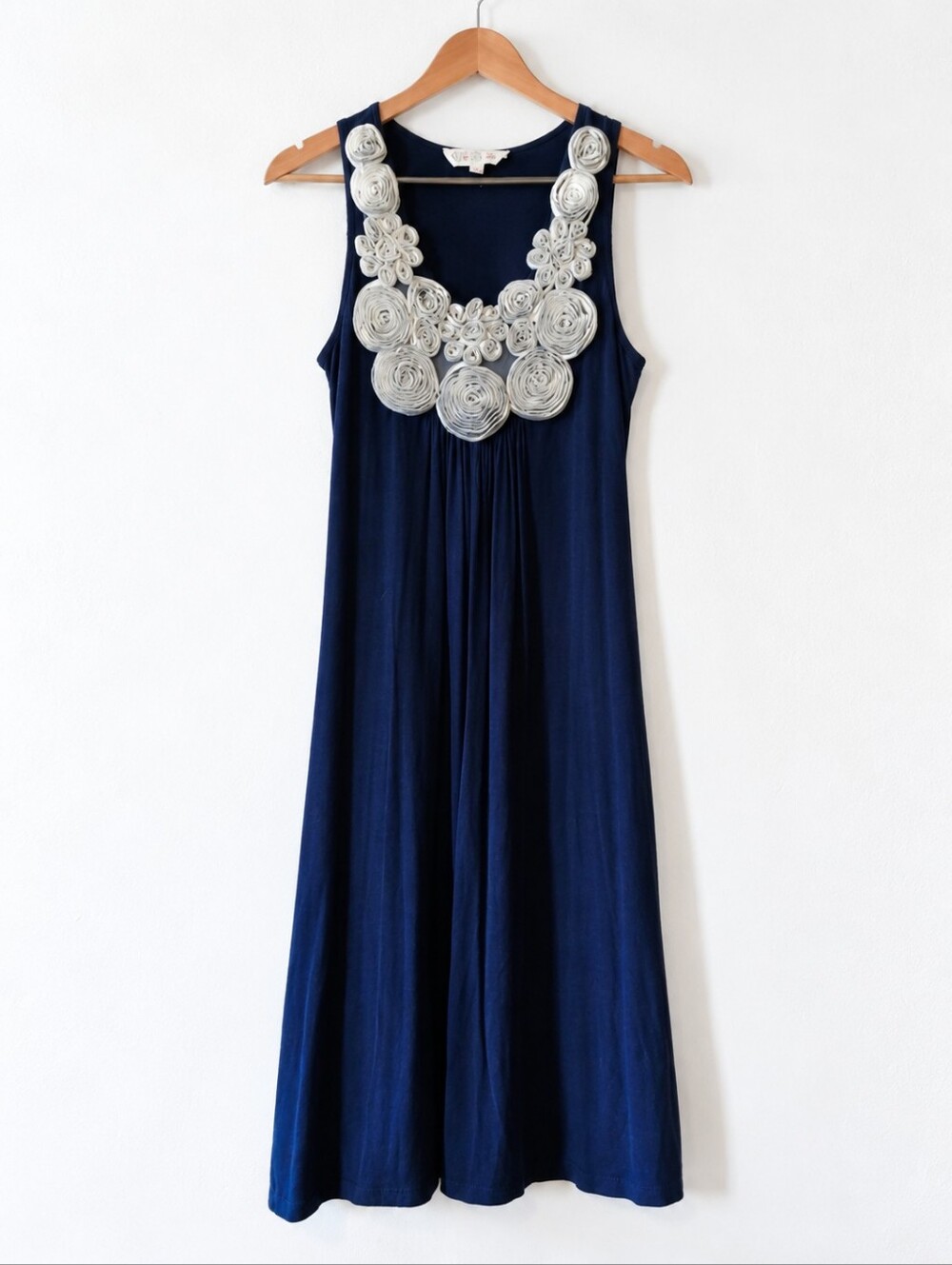 •Pink Rose Navy Dress with Floral Neckline